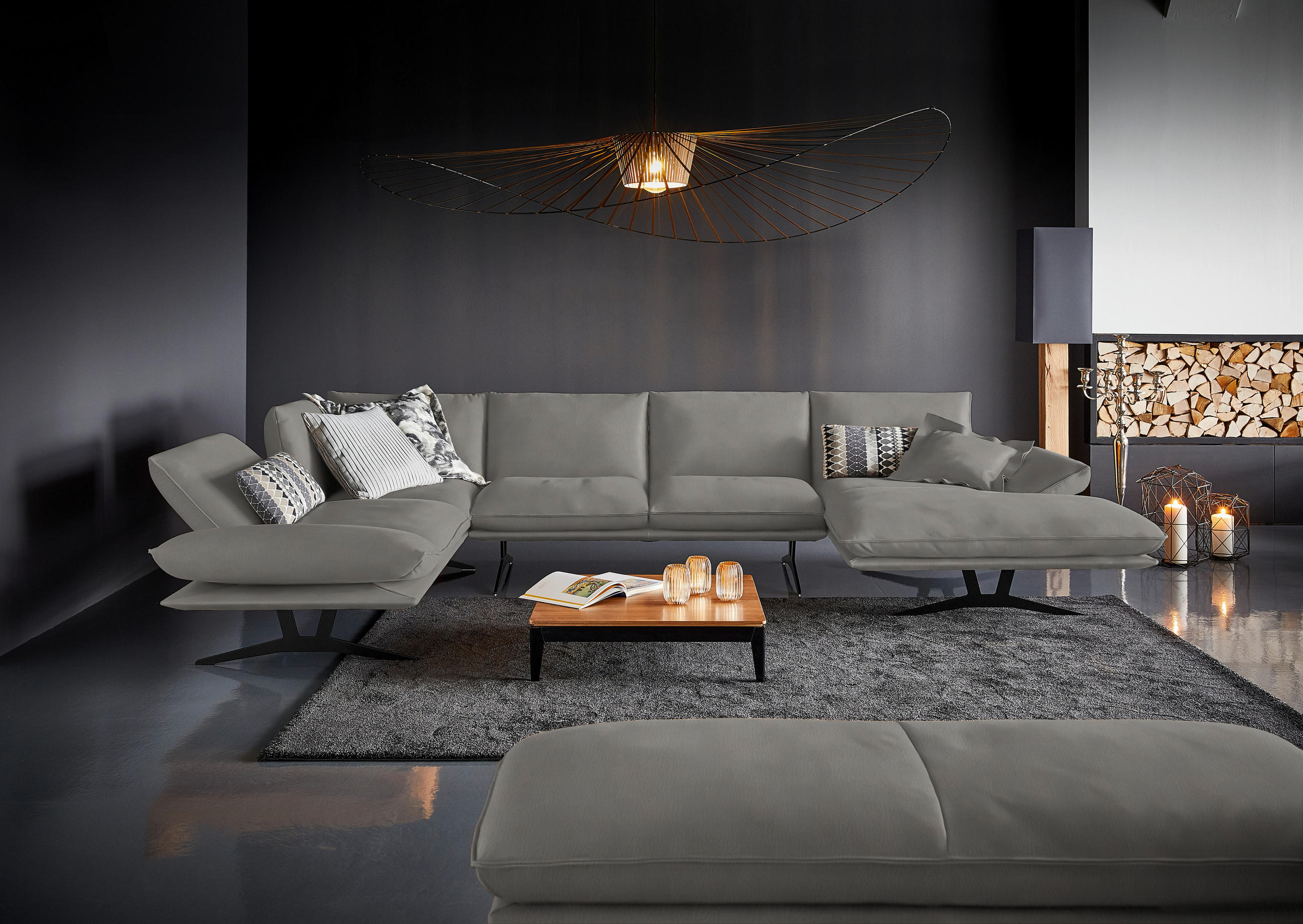 WOHNLANDSCHAFT in Echtleder Hellgrau  - Hellgrau/Schwarz, Natur, Leder/Metall (222/364/159cm) - Dieter Knoll