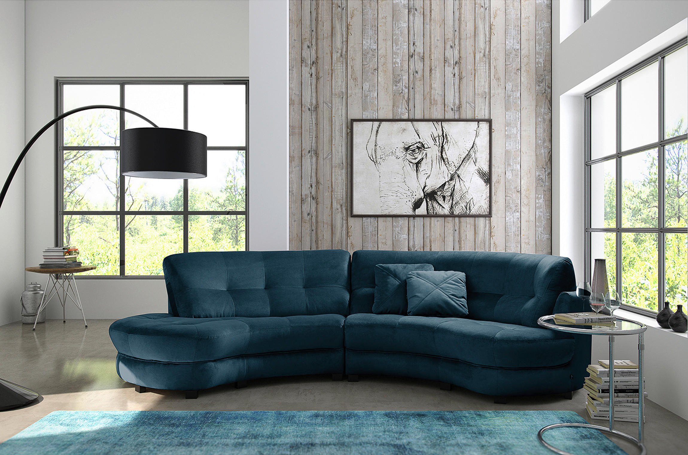 ECKSOFA Ottomane links, Rundform  BRETANIA Dunkelblau Samt  - Schwarz/Dunkelblau, Design, Kunststoff/Textil (113/300cm) - Livetastic