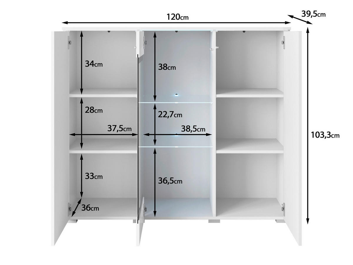 HIGHBOARD Vera  in 120/103,3/39,5 cm  - Weiss Hochglanz/Anthrazit, Trend, Glas/Holzwerkstoff (120/103,3/39,5cm) - P & B