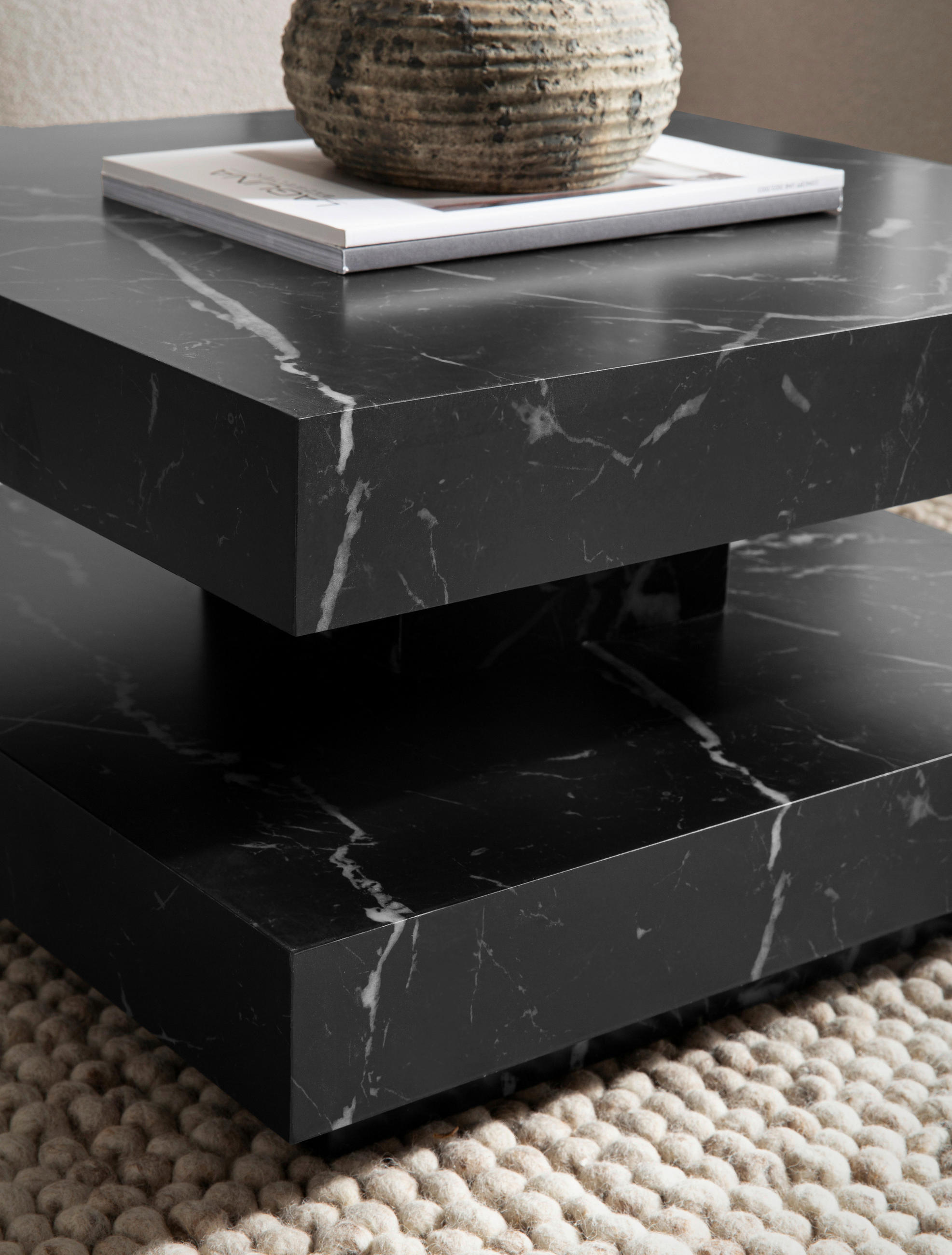 Thumbnail - Livetastic Couchtisch, Schwarz, Holzwerkstoff, Marmoroptik, quadratisch, Sockel, 60x34x60 cm, einfacher Aufbau, Wohnzimm...