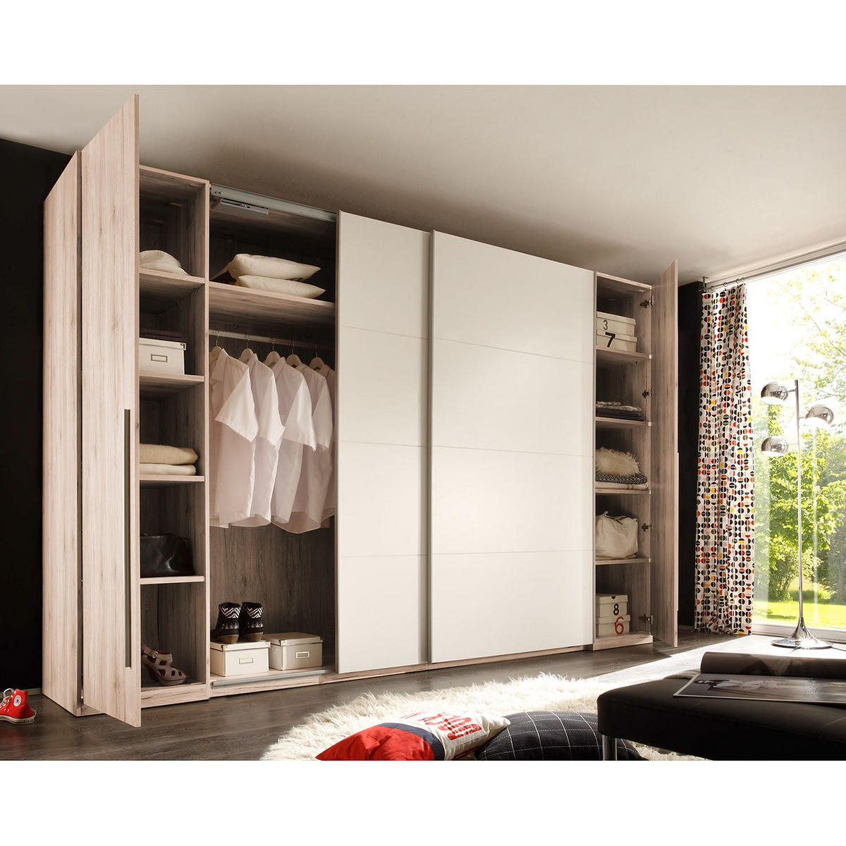 SKŘÍŇ S POSUVNÝMI DVEŘMI, bílá, barvy buku, 315/225/61 cm - bílá/barvy buku, Design (315/225/61cm) - MID.YOU