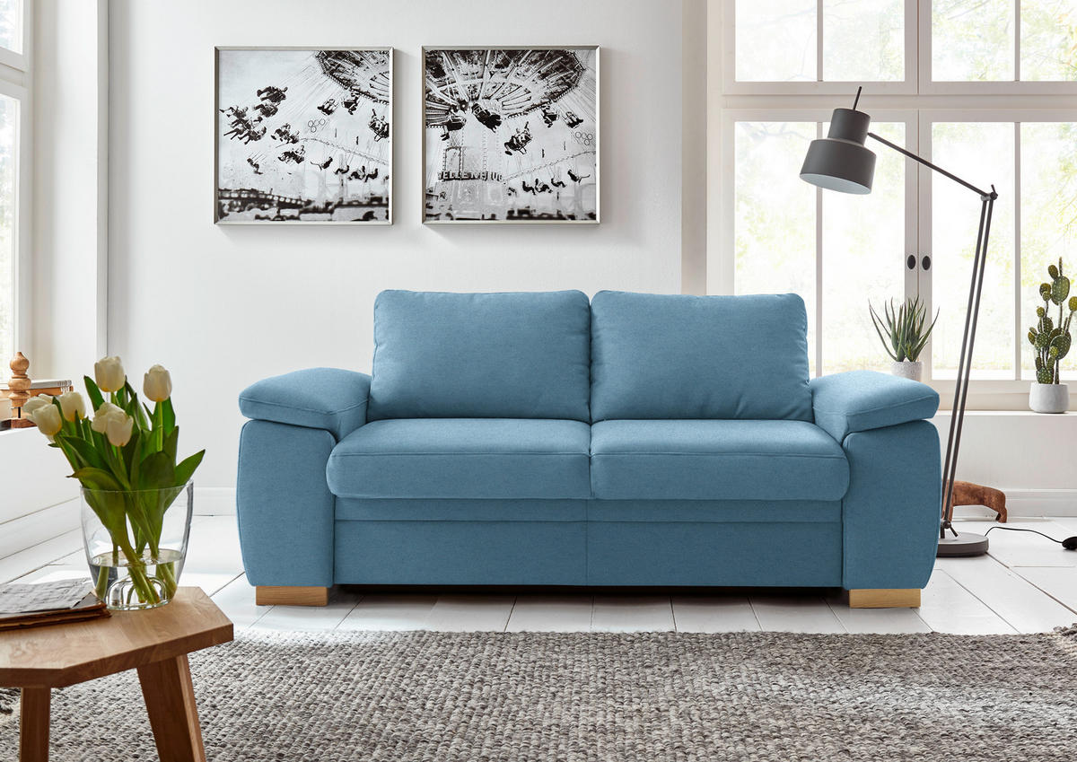 SCHLAFSOFA Chenille Blau  - Blau/Eiche Bianco, KONVENTIONELL, Holz/Textil (196/90/100cm) - Beldomo Style