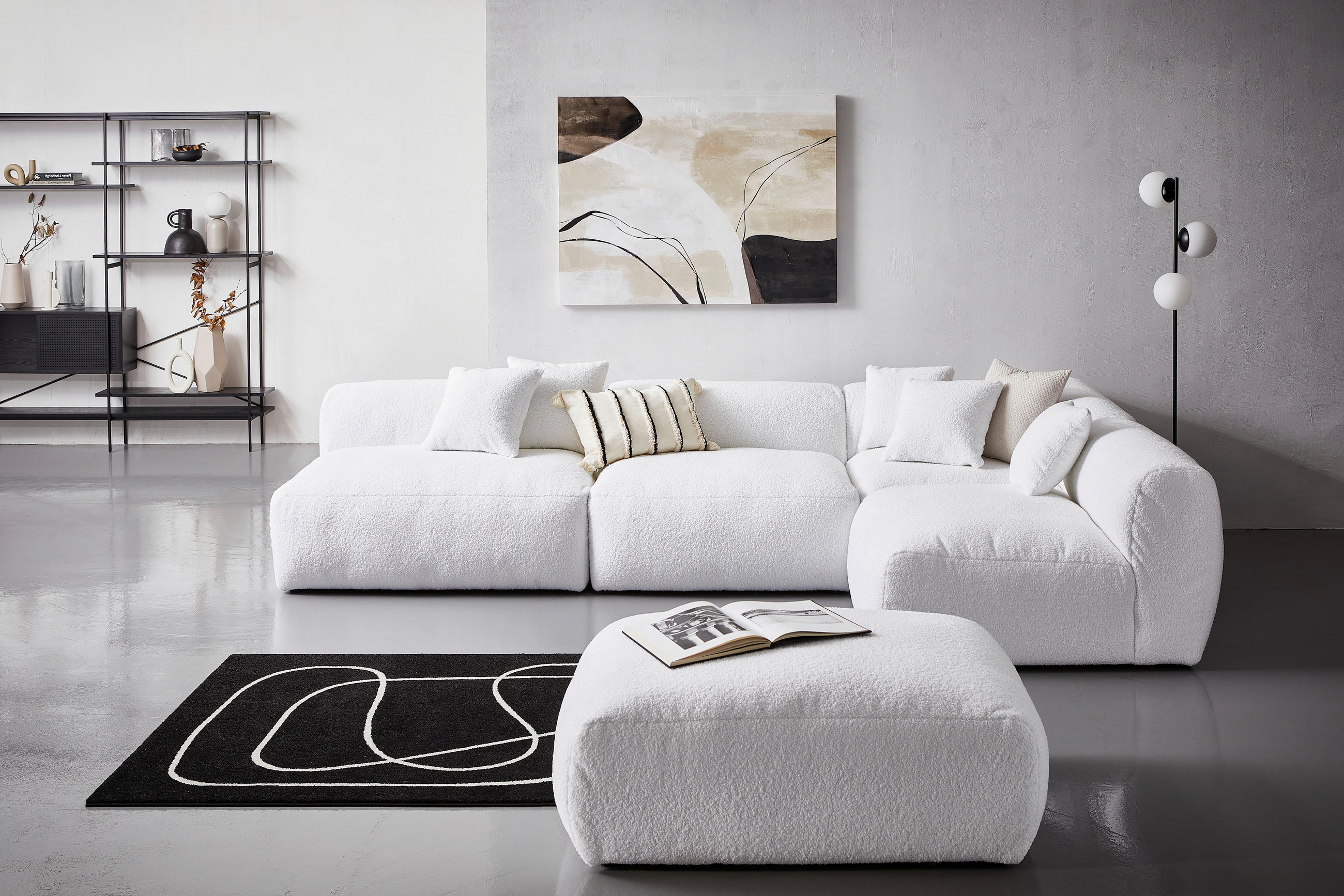 ECKSOFA inkl. Hocker in Flachgewebe, Teddystoff Weiss  - Weiss, Trend, Textil (315/235cm) - Livetastic