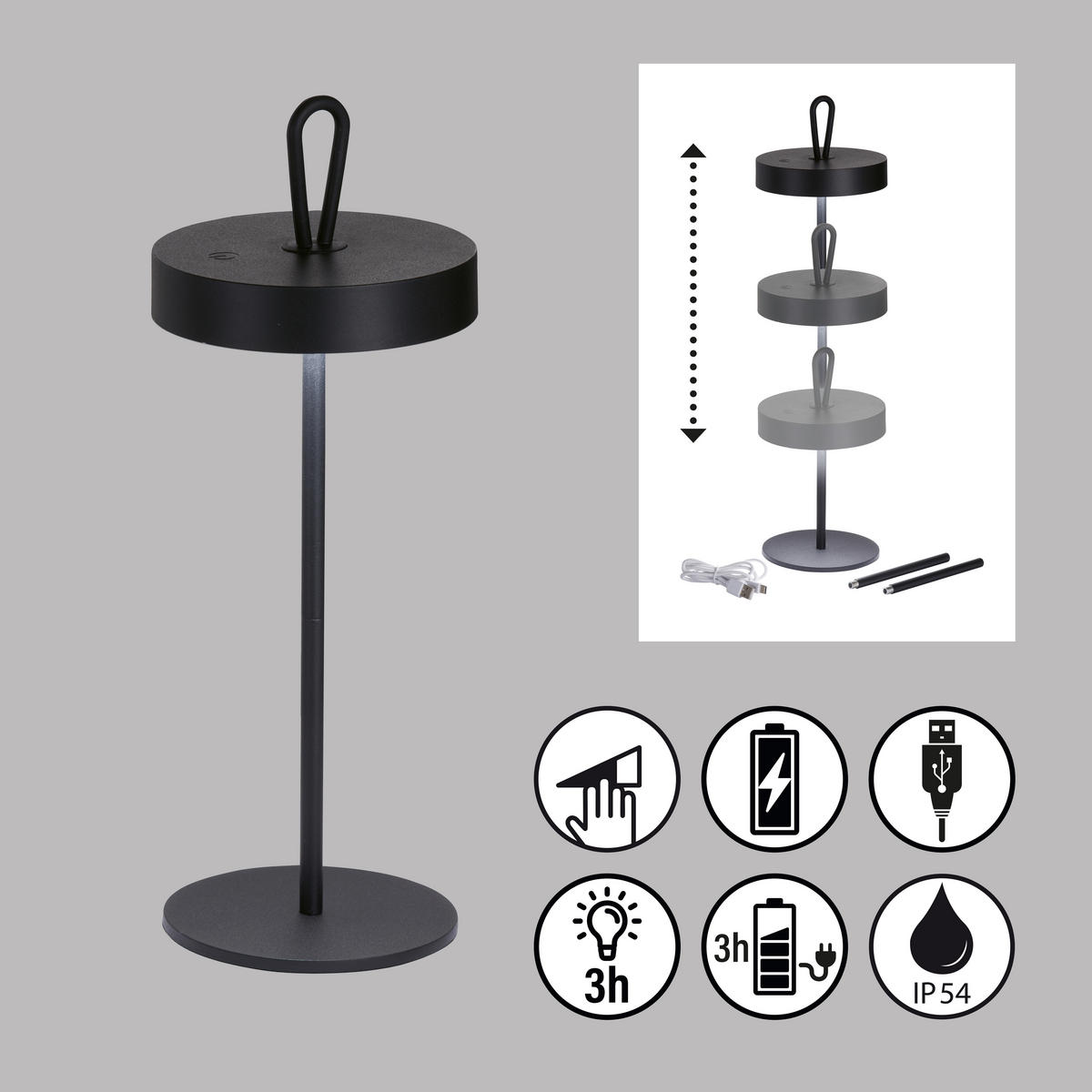 AKKU-TISCHLEUCHTE Dordb 12,8/46,6 cm   - Schwarz, KONVENTIONELL, Metall (12,8/46,6cm)