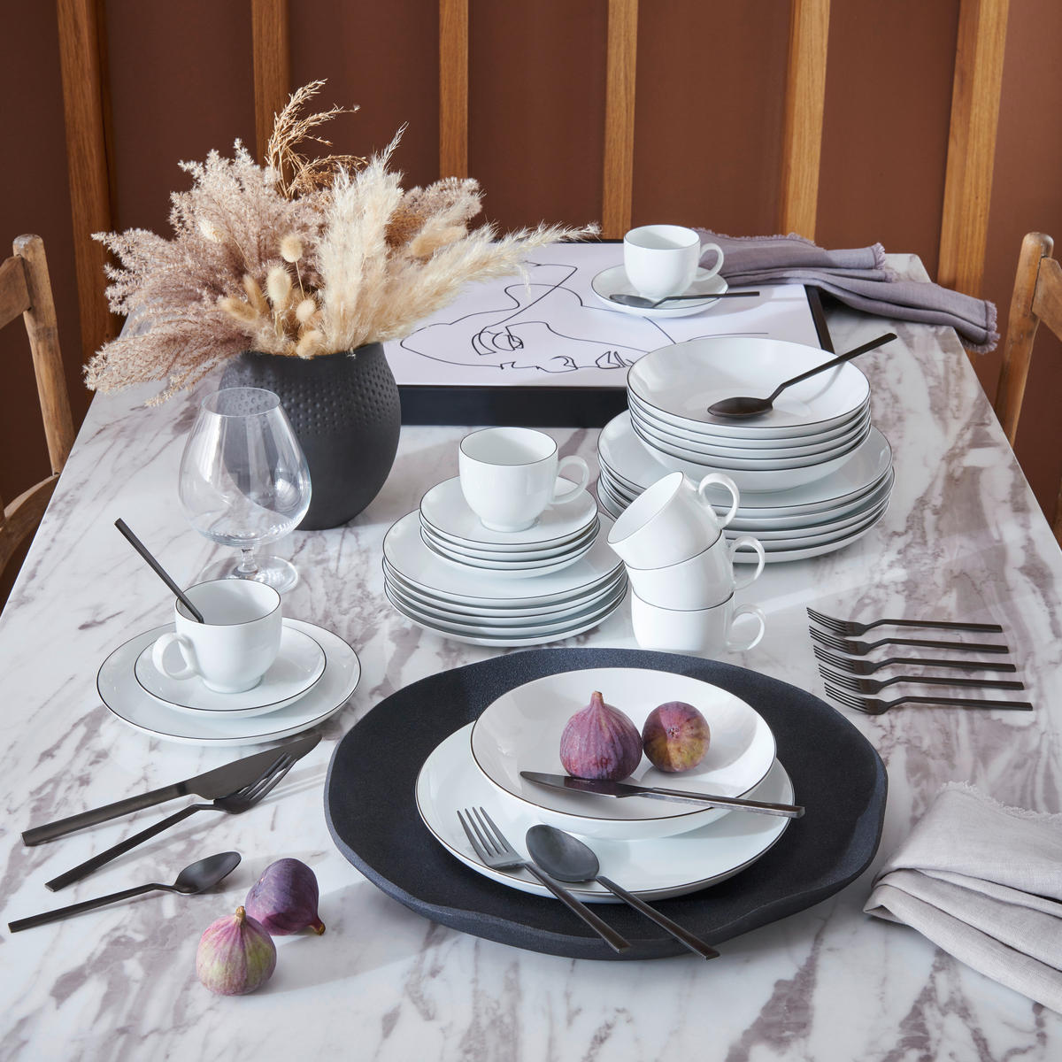 KOMBINOVANÝ SERVIS, 30-dielne, porcelán - čierna/biela, Basics, keramika - Seltmann Weiden