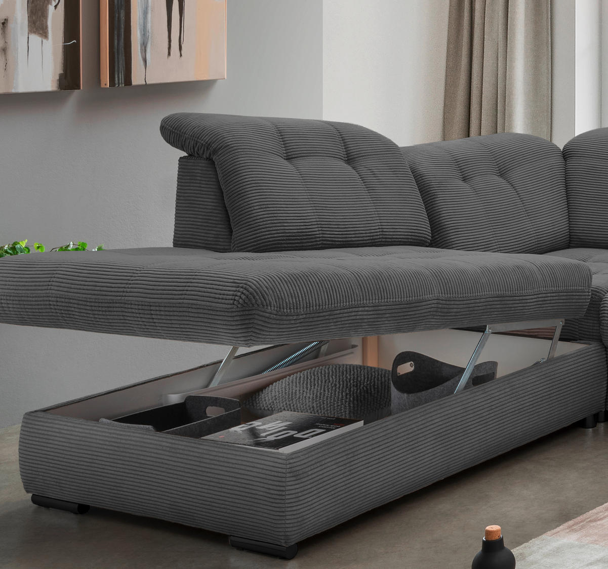 WOHNLANDSCHAFT in Cord Grau  - Schwarz/Grau, Modern, Textil/Metall (252/387/184cm) - Livetastic