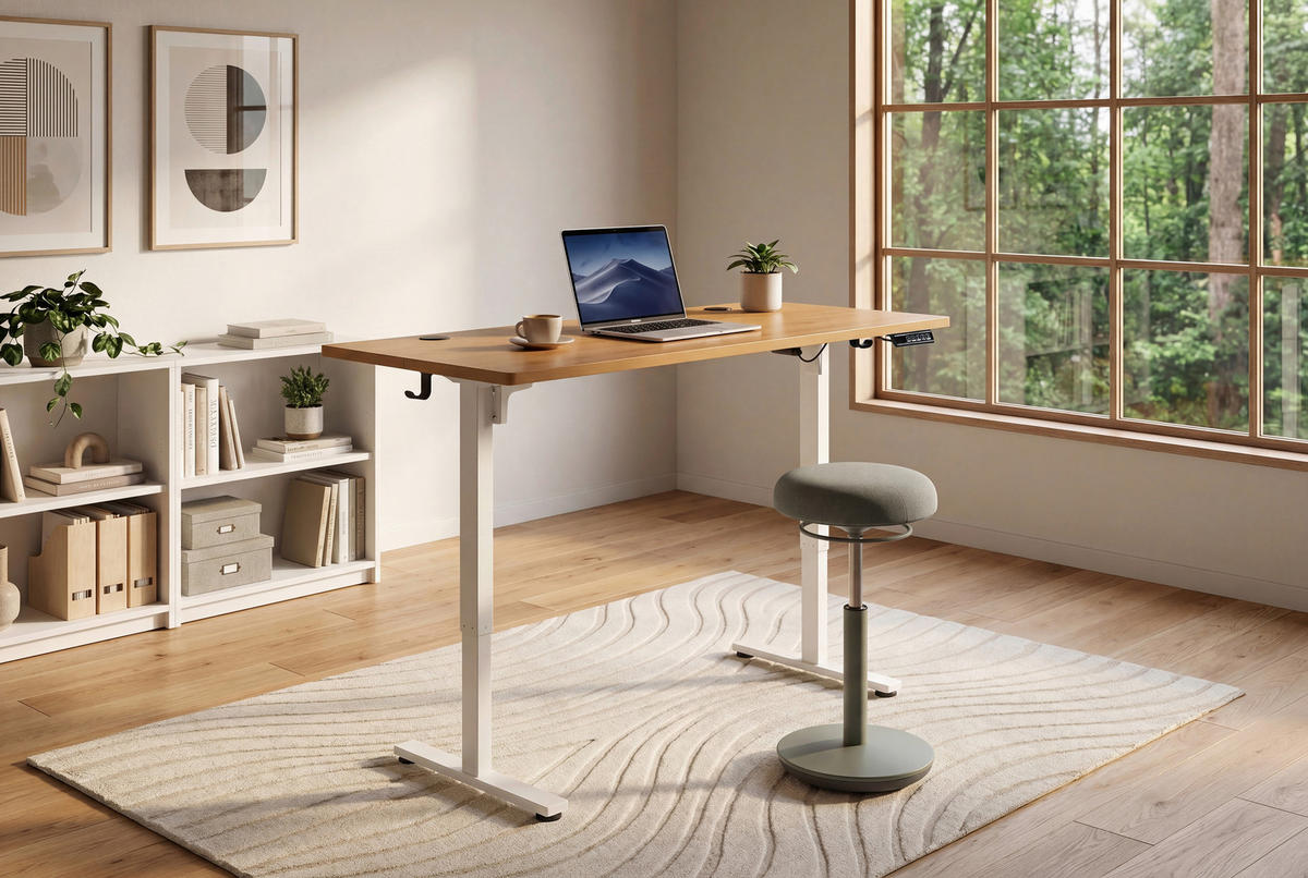 SCHREIBTISCH 140/70/72/118 cm Weiss, Eichefarben höhenverstellbar elektrisch höhenverstellbar  - Weiss/Eichefarben, Modern, Holzwerkstoff/Metall (140/70/72/118cm) - Livetastic