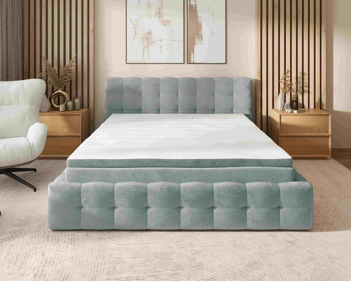 POLSTERBETT 180/200 cm,  in Hellgrau, Matratze, gepolstertes Kopfteil, Lattenrost, Bettkasten, Topper, H3 + H3 = fest  - Hellgrau/Schwarz, MODERN, Holz/Kunststoff (180/200cm) - Chameo