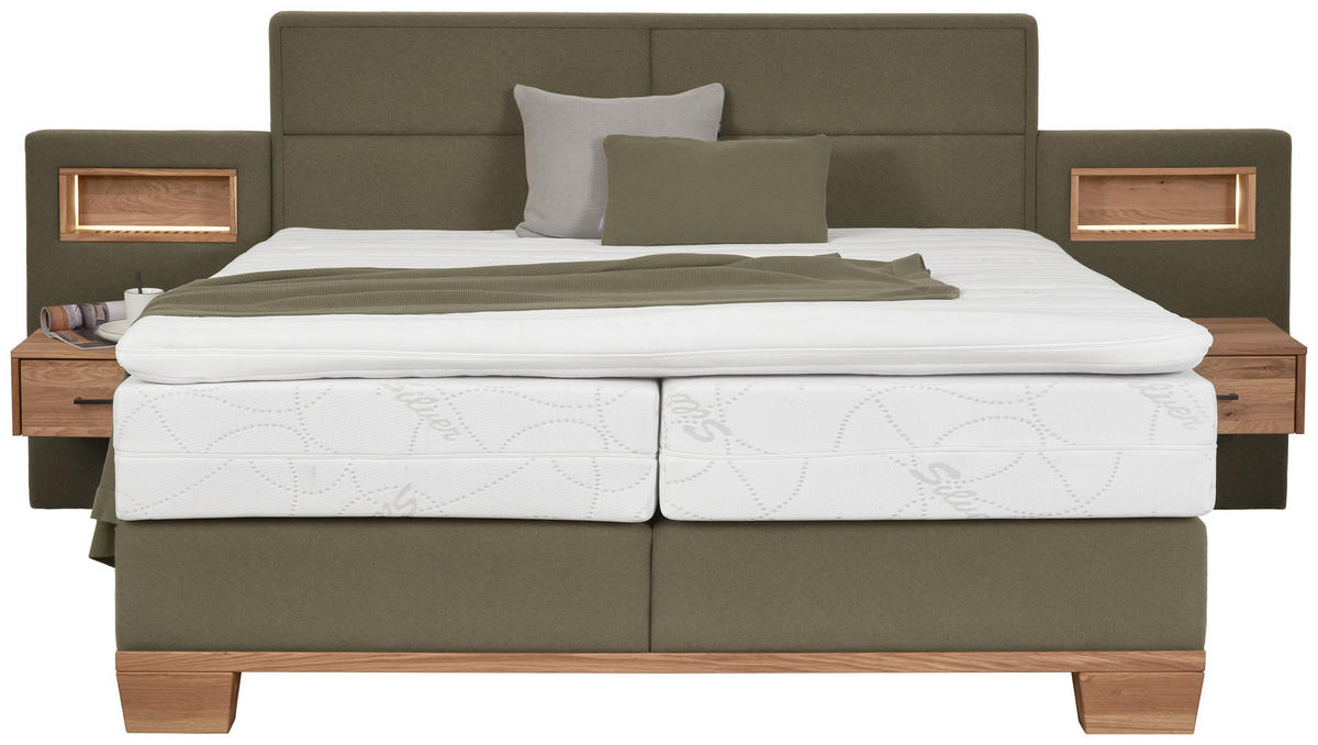 BOXSPRINGBETT 180/200 cm,  in Eichefarben, Dunkelgrün, Matratze, Topper, unterschiedliche Matratzenhärtegrade je Bettseite, H3 + H4 = fest + sehr fest  - Dunkelgrün/Eichefarben, Natur, Holz/Textil (180/200cm) - Valnatura