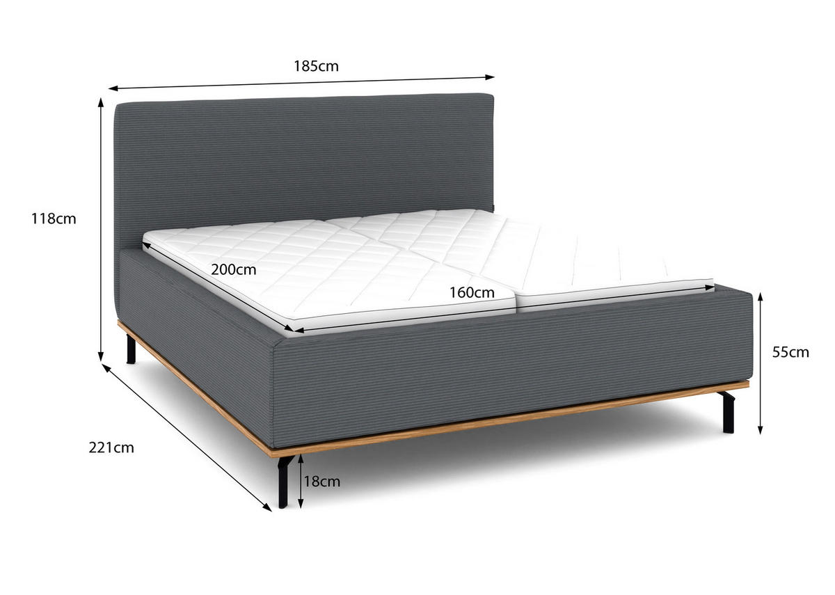 POLSTERBETT 160/200 cm,  in Matratze, Lattenrost, Bettkasten, H2 + H3 = mittel + fest  - Graphitfarben/Weiß, Design, Holz/Textil (160/200cm) - Musterring