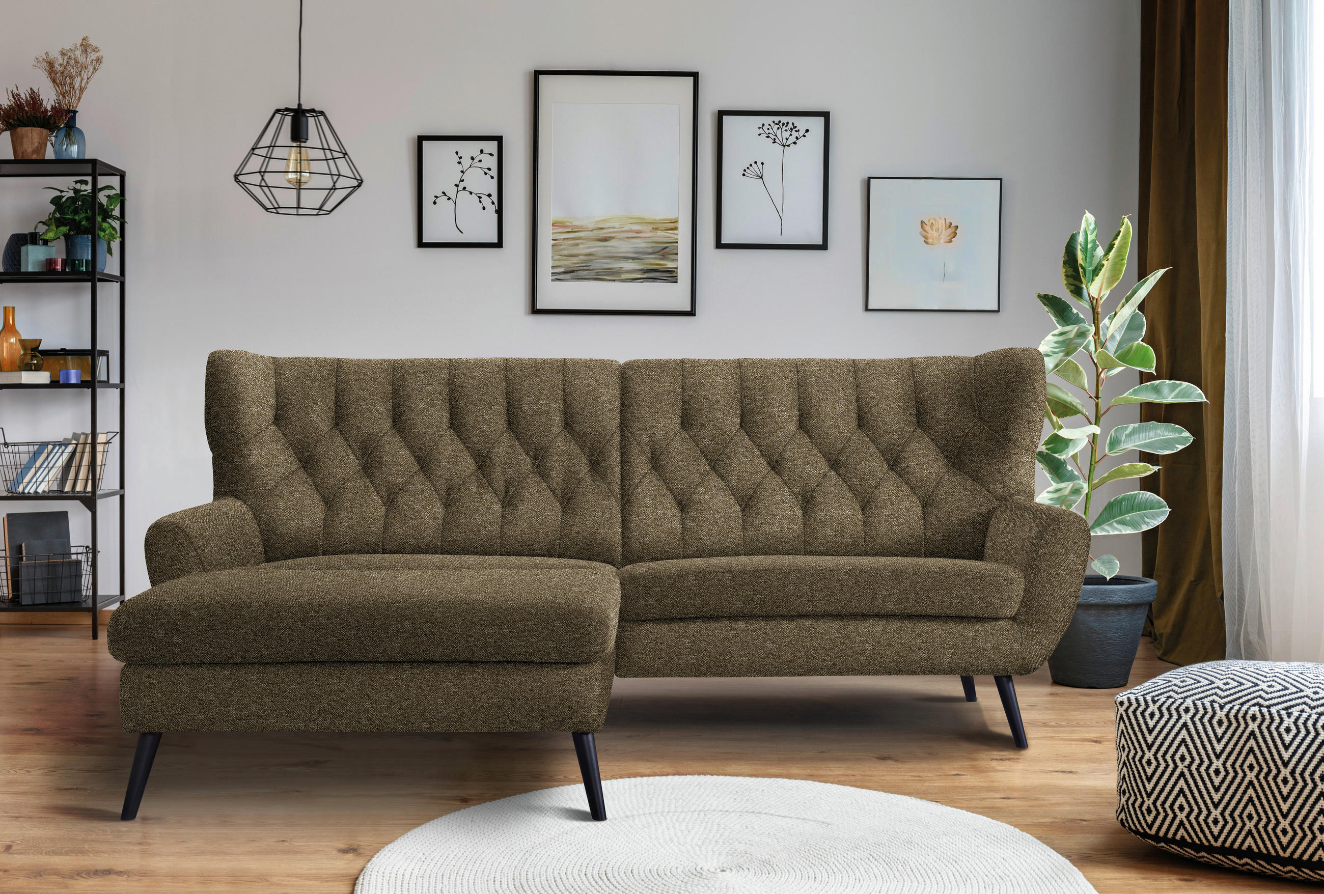 ECKSOFA  in Flachgewebe Olivgrün  165/237 cm  - Schwarz/Olivgrün, Design, Holz/Textil (165/237cm) - Stylife
