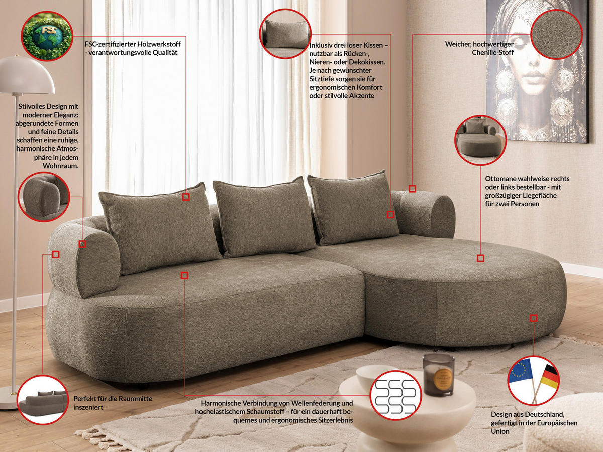 ECKSOFA in Chenille Braun  256/156 cm  - Schwarz/Braun, Design, Kunststoff/Textil (256/156cm) - Livetastic
