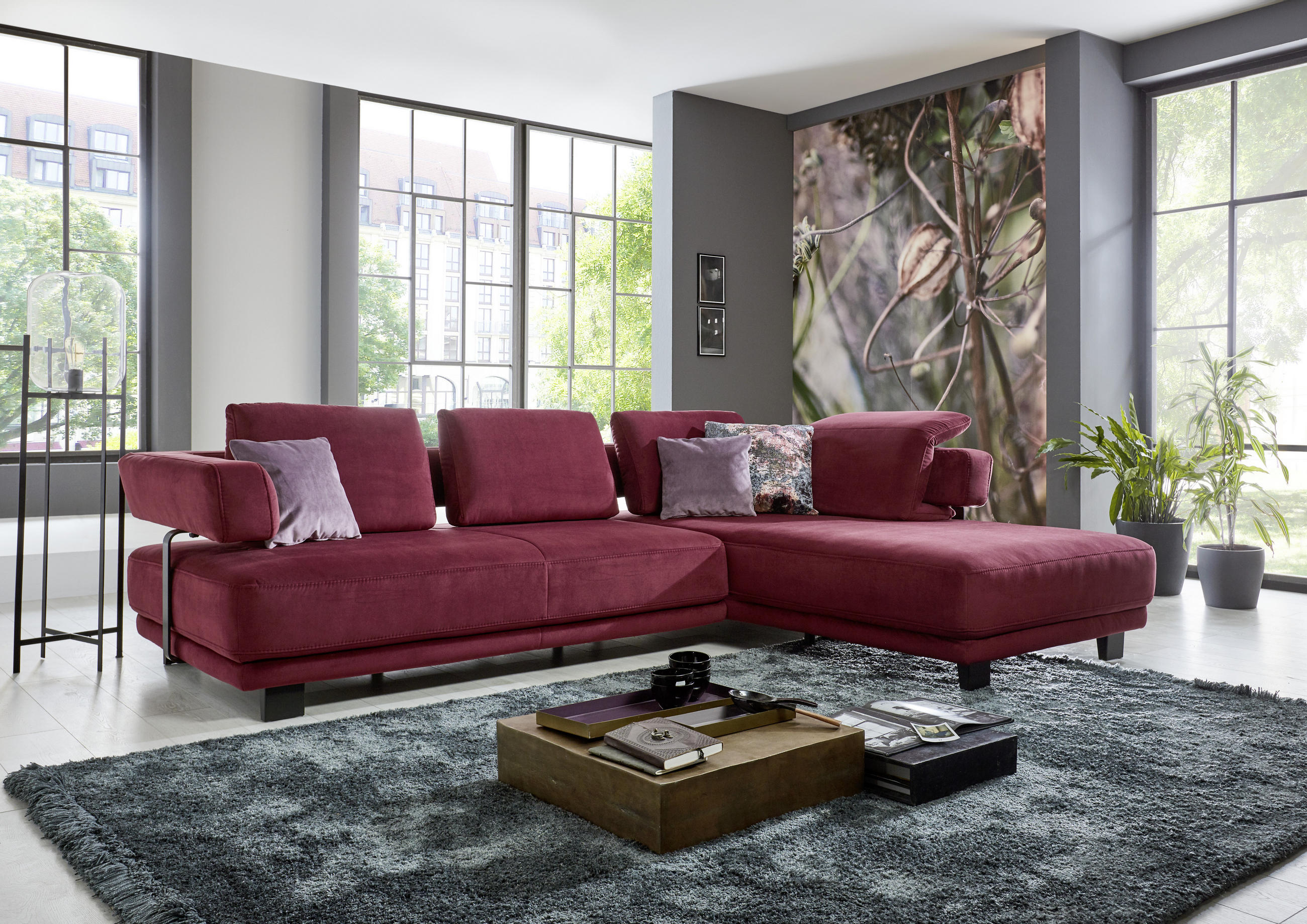 ECKSOFA Beere Chenille - Beere/Schwarz, Natur, Textil/Metall (297/214cm) - Valdera