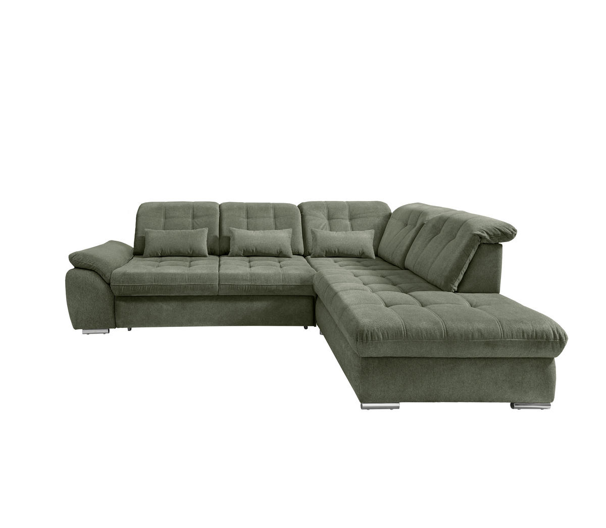 ECKSOFA RIGATTI Dunkelgrün Flachgewebe Kopfteilverstellung, Stauraum, Sitztiefenverstellung  - Chromfarben/Dunkelgrün, MODERN, Textil/Metall (308/254cm) - Livetastic