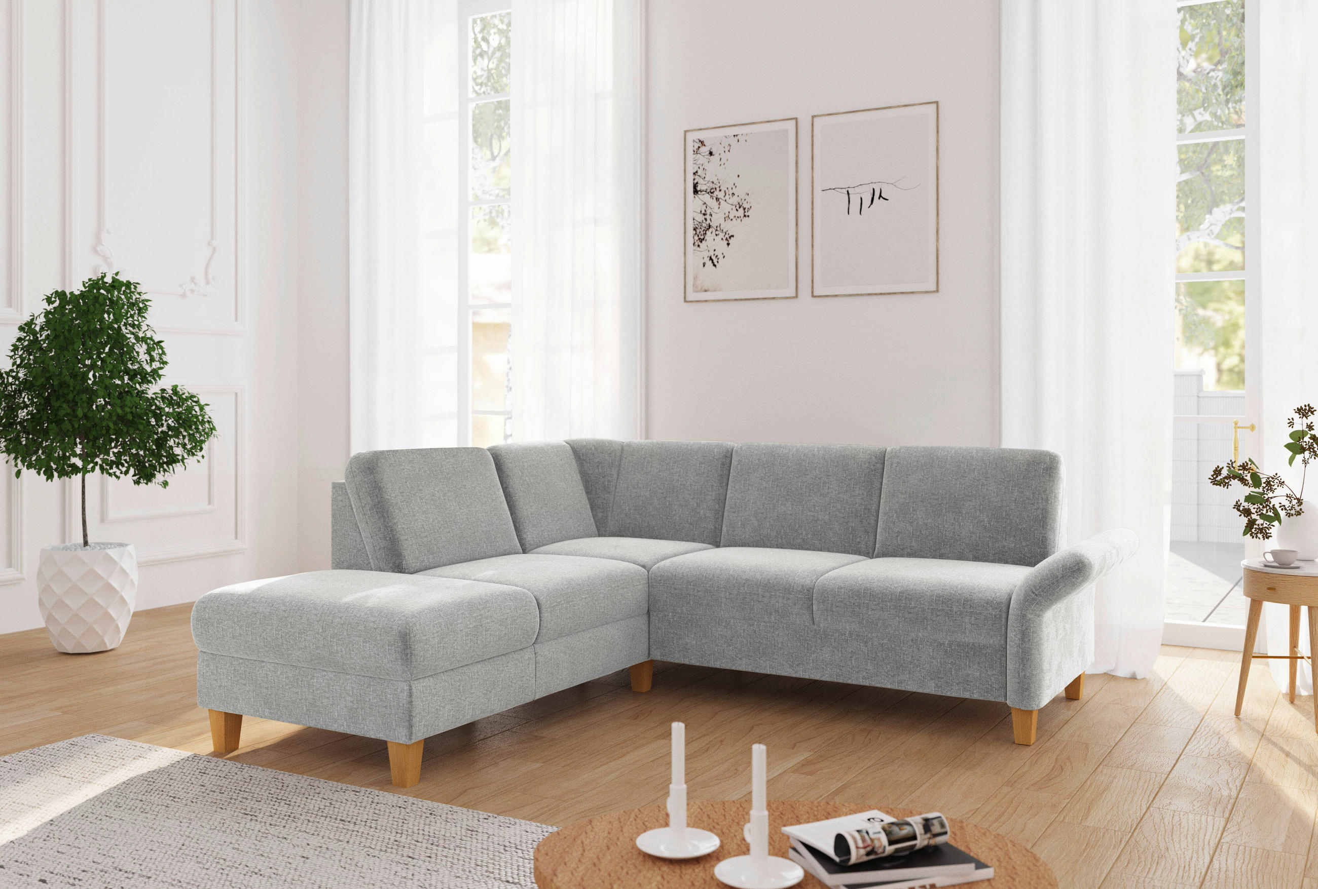 ECKSOFA ROCHELLE E Hellgrau Flachgewebe  - Eichefarben/Hellgrau, KONVENTIONELL, Holz/Textil (216/240cm) - Sit & More