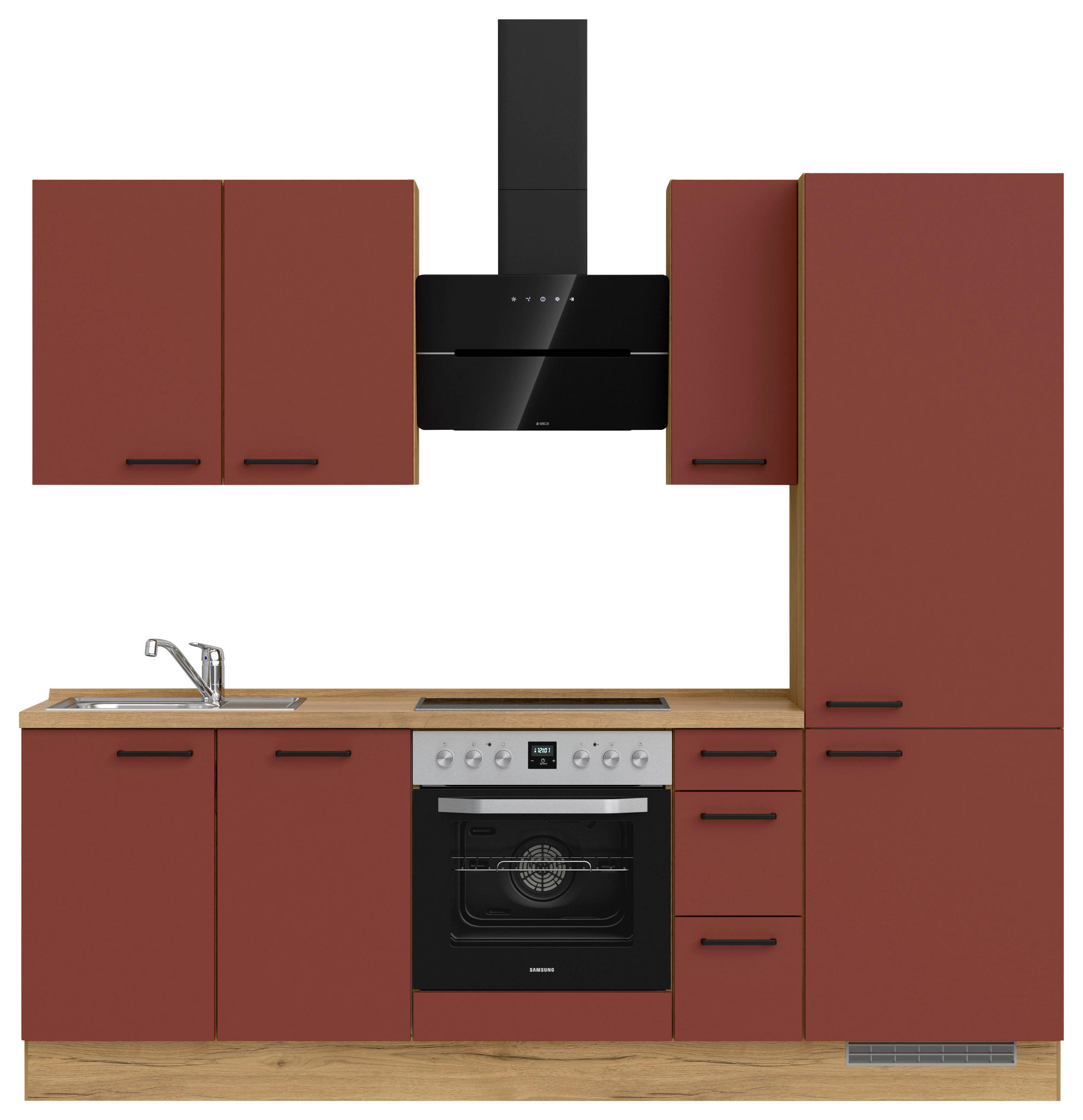 KÜCHENBLOCK 240 cm   in Eichefarben, Dunkelrot  - Eichefarben/Schwarz, MODERN, Holzwerkstoff/Metall (240cm) - Nobilia