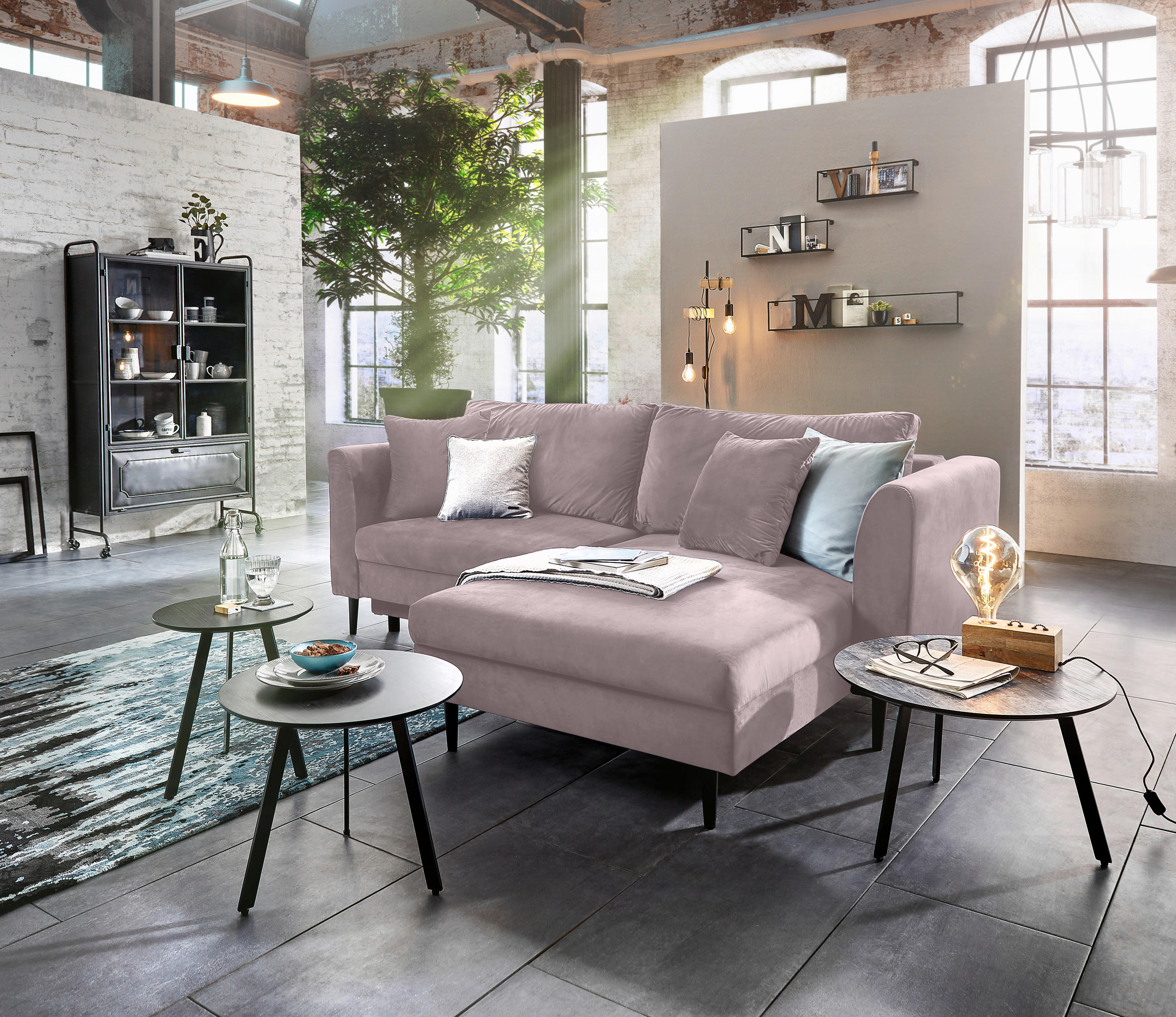 ECKSOFA Rosa Velours  - Schwarz/Rosa, Design, Holz/Textil (235/165cm) - Ti'me