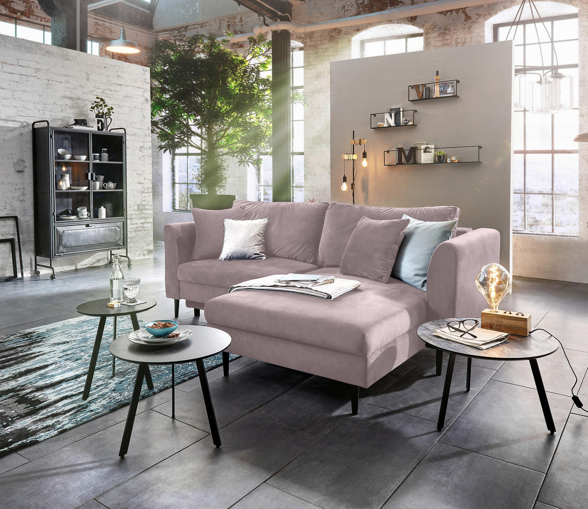 ECKSOFA Rosa Velours  - Schwarz/Rosa, Design, Holz/Textil (235/165cm) - Ti'me