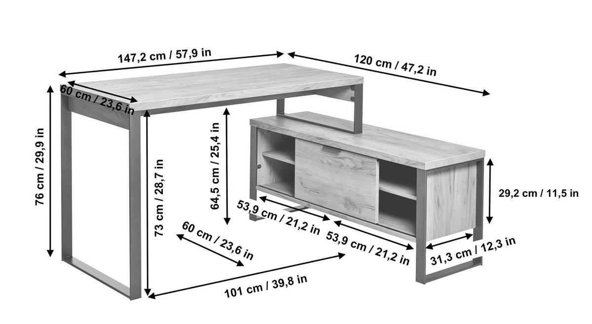 SCHREIBTISCH 147/120/76 cm  in Weiss, Eichefarben  - Weiss/Eichefarben, Konventionell, Holzwerkstoff/Metall (147/120/76cm) - Livetastic