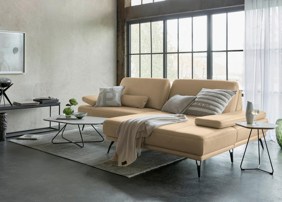 ECKSOFA Echtleder Sandfarben  - Sandfarben/Schwarz, Konventionell, Leder/Metall (301/180cm) - Joop!