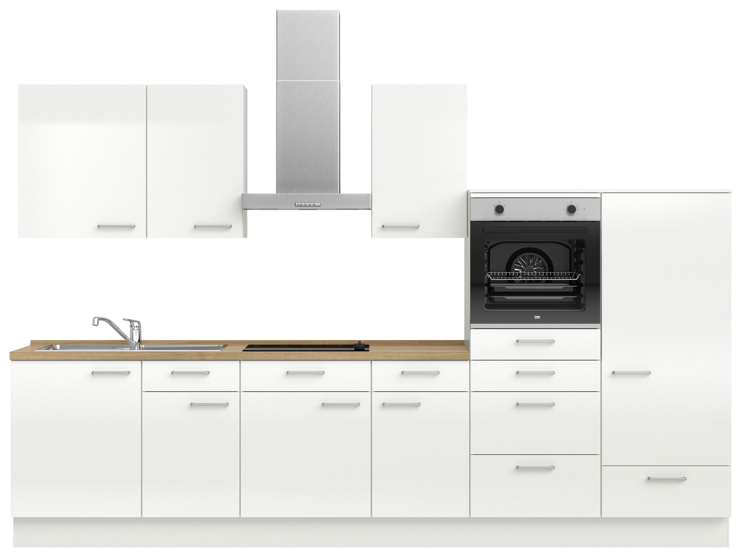 KÜCHENLEERBLOCK 330 cm   in Eichefarben, Weiß Hochglanz  - Edelstahlfarben/Eichefarben, MODERN, Holzwerkstoff/Metall (330cm) - Nobilia