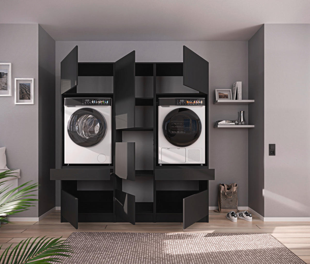 MEHRZWECKSCHRANK 50/200/68 cm  in Anthrazit  - Anthrazit/Schwarz, Design, Holzwerkstoff/Metall (50/200/68cm) - Milino