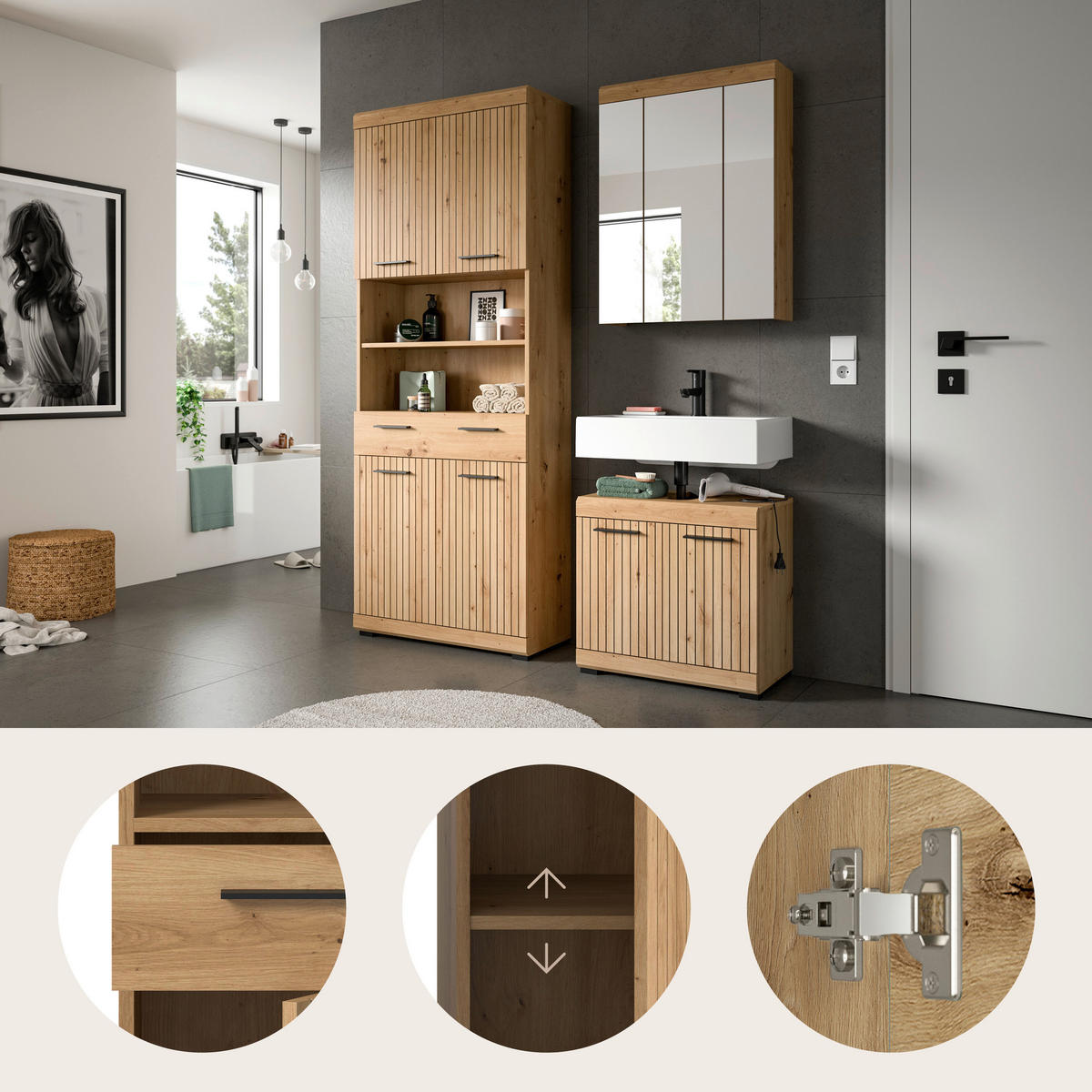 BADEZIMMER 3-teilig  in 134 cm  - Schwarz/Eiche Artisan, Trend, Glas/Holzwerkstoff (134cm) - MID.YOU