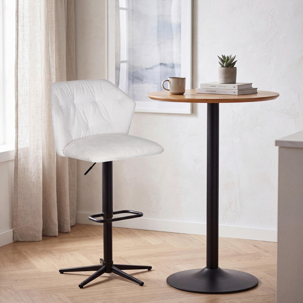 BARSKI STOL, krem barve, črna  - črna/krem barve, Design, kovina/tekstil (52,5/89-111/53cm) - Stylife