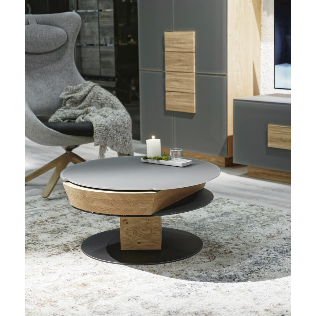 Thumbnail - Voglauer Couchtisch, Grau, Eiche, Holz, Glas, Wildeiche, furniert, massiv, rund, Bodenplatte, Sockel, 80x38-58x80 cm, Go...