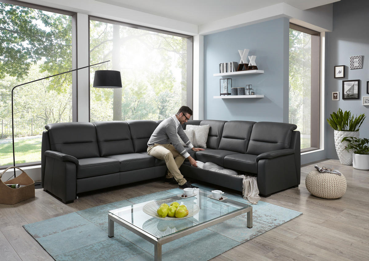 ECKSOFA BELDOMO premium Anthrazit Echtleder  - Anthrazit/Schwarz, KONVENTIONELL, Leder/Holz (303/245cm) - Beldomo Premium