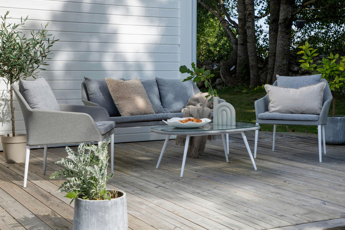 LOUNGEGARNITUR Aluminium  - Weiß/Grau, KONVENTIONELL, Glas/Textil - Gardenson