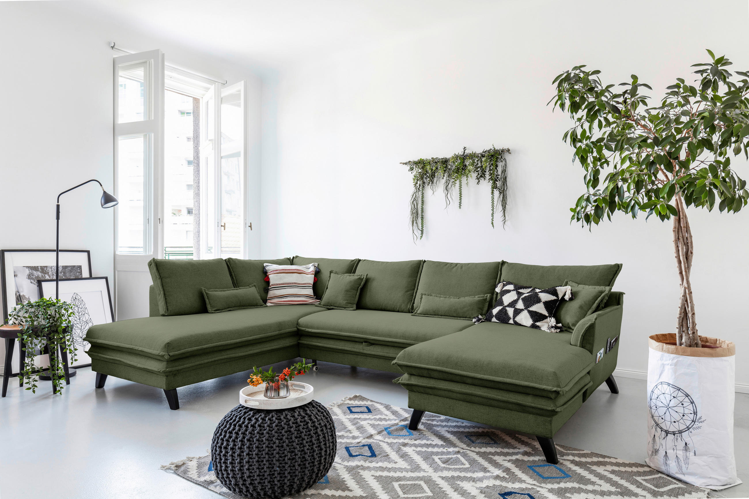 WOHNLANDSCHAFT in Mikrofaser Grün  - Schwarz/Grün, Design, Holz/Textil (200/300/150cm) - P & B