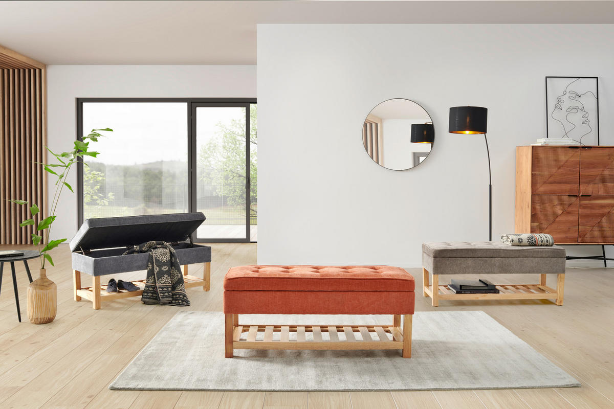 HOCKERBANK 110/49/43 cm Webstoff Orange, Naturfarben Kiefer, Kautschukholz massiv, Sperrholz  - Naturfarben/Orange, Design, Holz/Textil (110/49/43cm) - MID.YOU