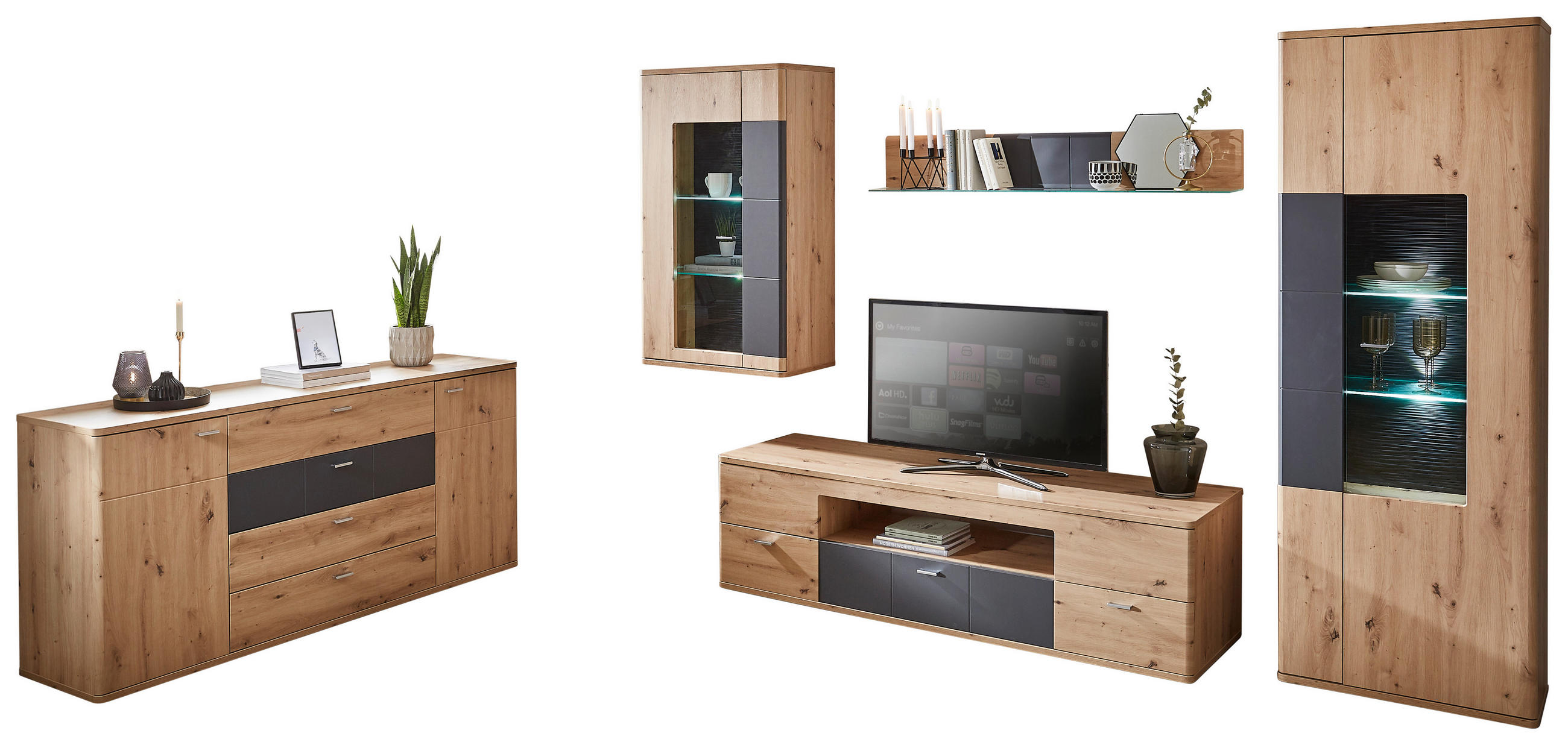 Thumbnail - Xora Wohnwand, Graphit, Eiche, Metall, 2,5 Fächer, 3 Schubladen, 290x200x55 cm, Beimöbel erhältlich, Wohnzimmer, Wohnwän...