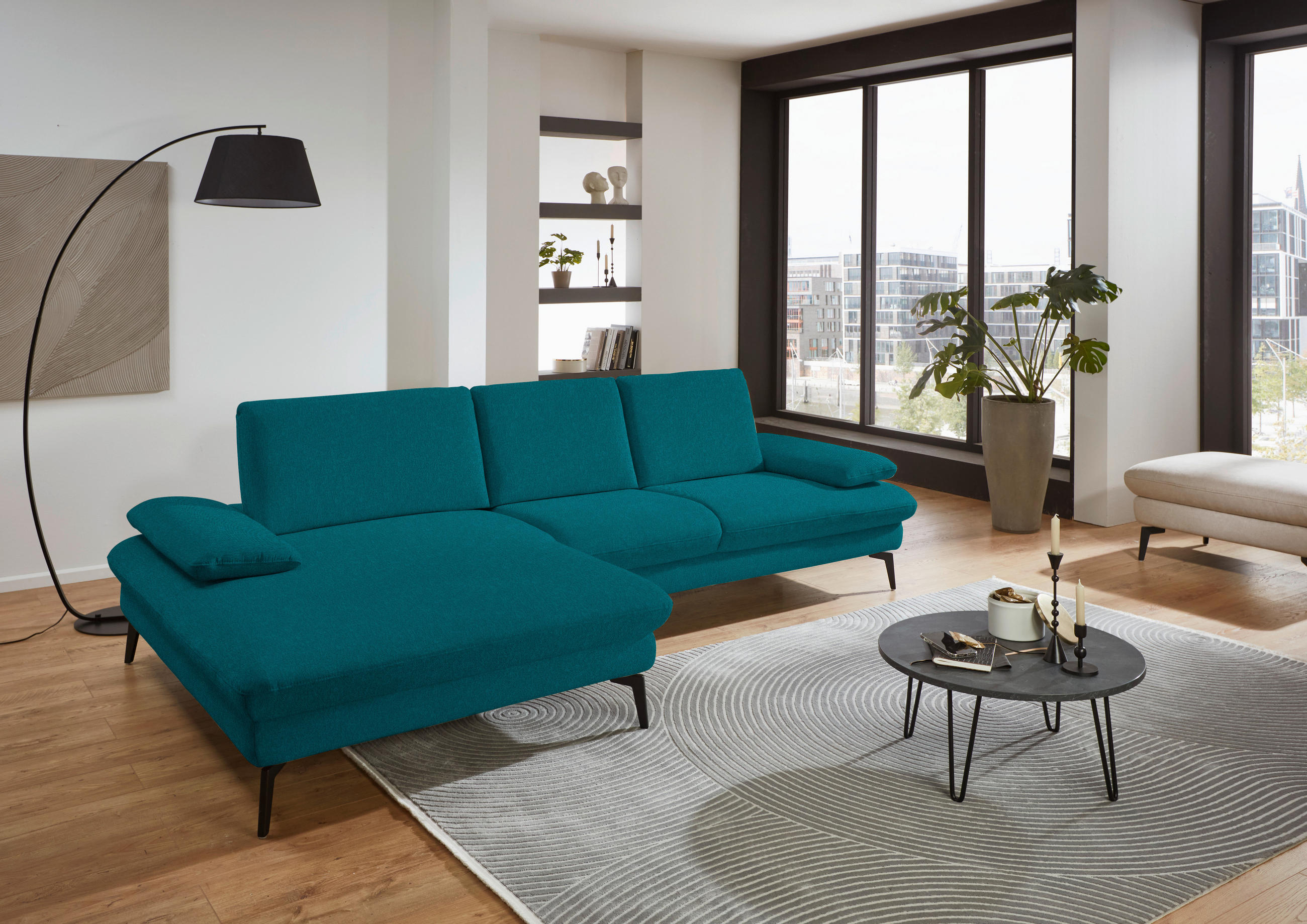 ECKSOFA in Chenille, Mikrofaser Petrol  - Petrol/Schwarz, Design, Textil/Metall (157/299cm) - Dieter Knoll