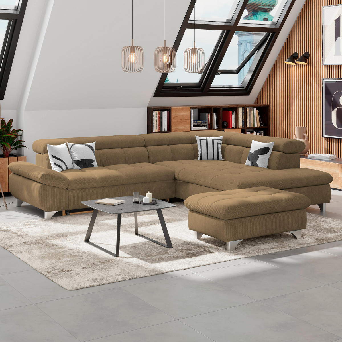 ECKSOFA Braun Chenille  - Chromfarben/Braun, KONVENTIONELL, Textil/Metall (312/234cm) - Livetastic
