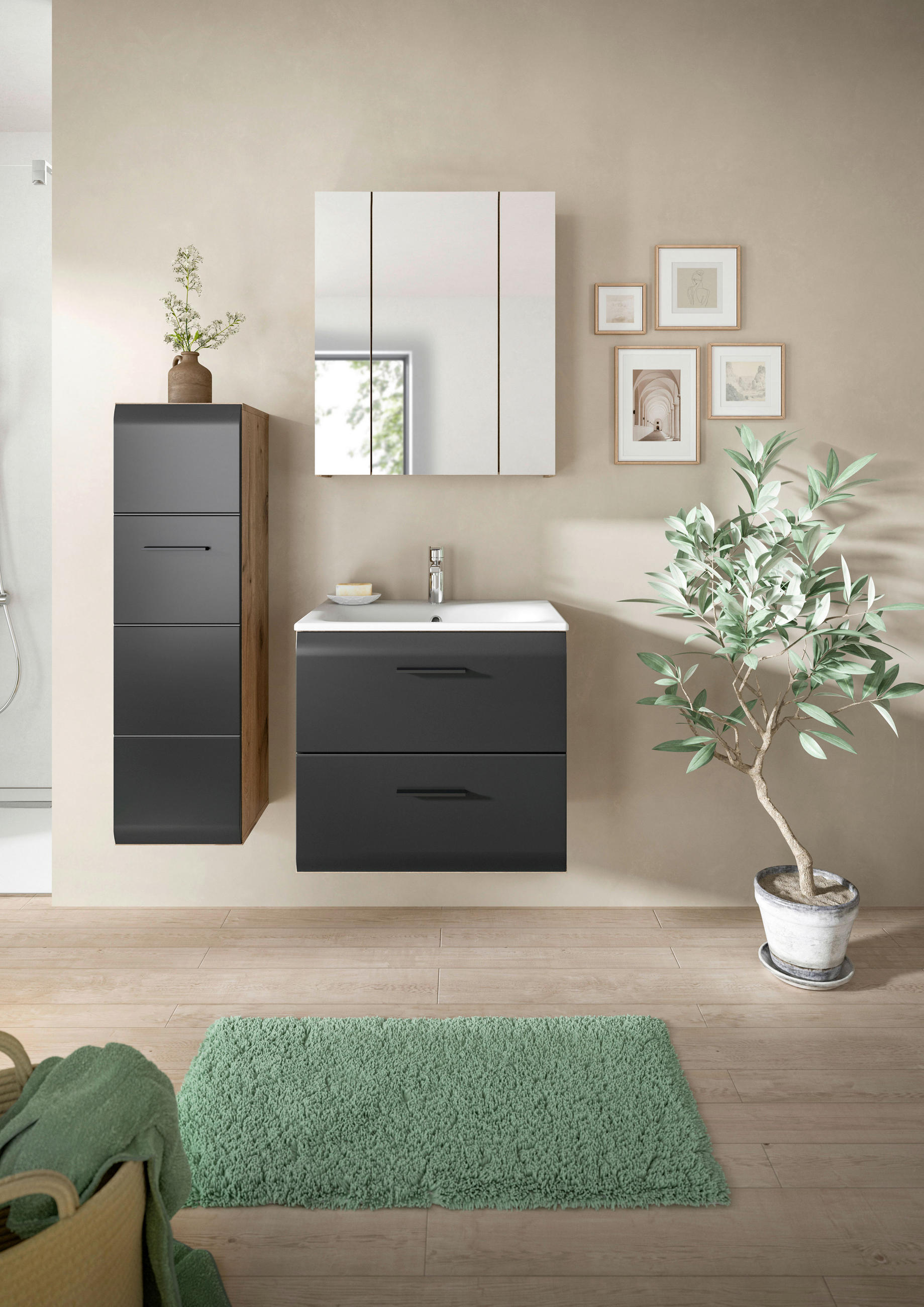 BADEZIMMER 3-teilig  in 90 cm  - Eiche dunkel/Schwarz, Basics, Keramik/Holzwerkstoff (90cm) - MID.YOU