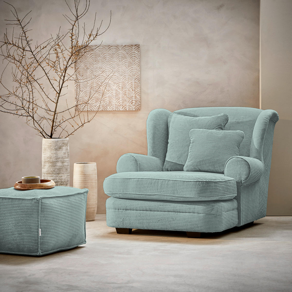XXL-SESSEL Cord Mintgrün  - Beige/Dunkelbraun, Design, Holz/Textil (121/100/140cm) - Ambia Home