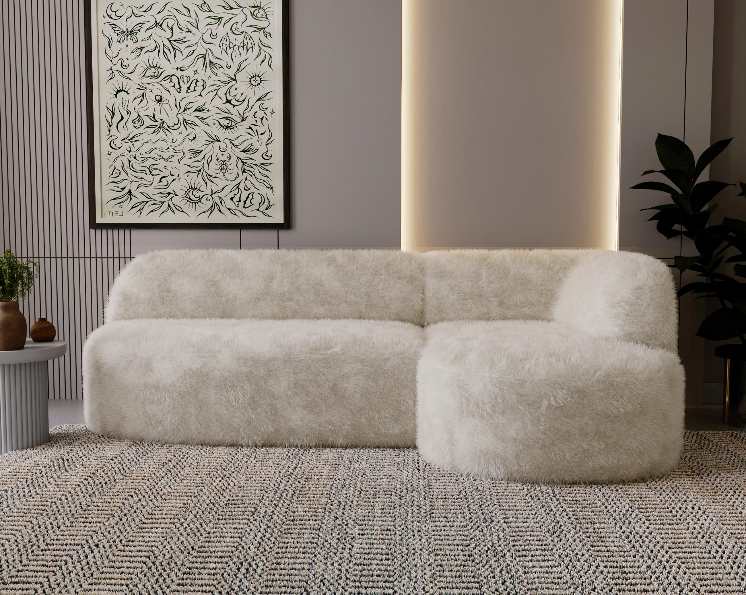 ECKSOFA Teddystoff Beige  - Beige/Schwarz, Design, Kunststoff/Textil (218/156cm) - Livetastic