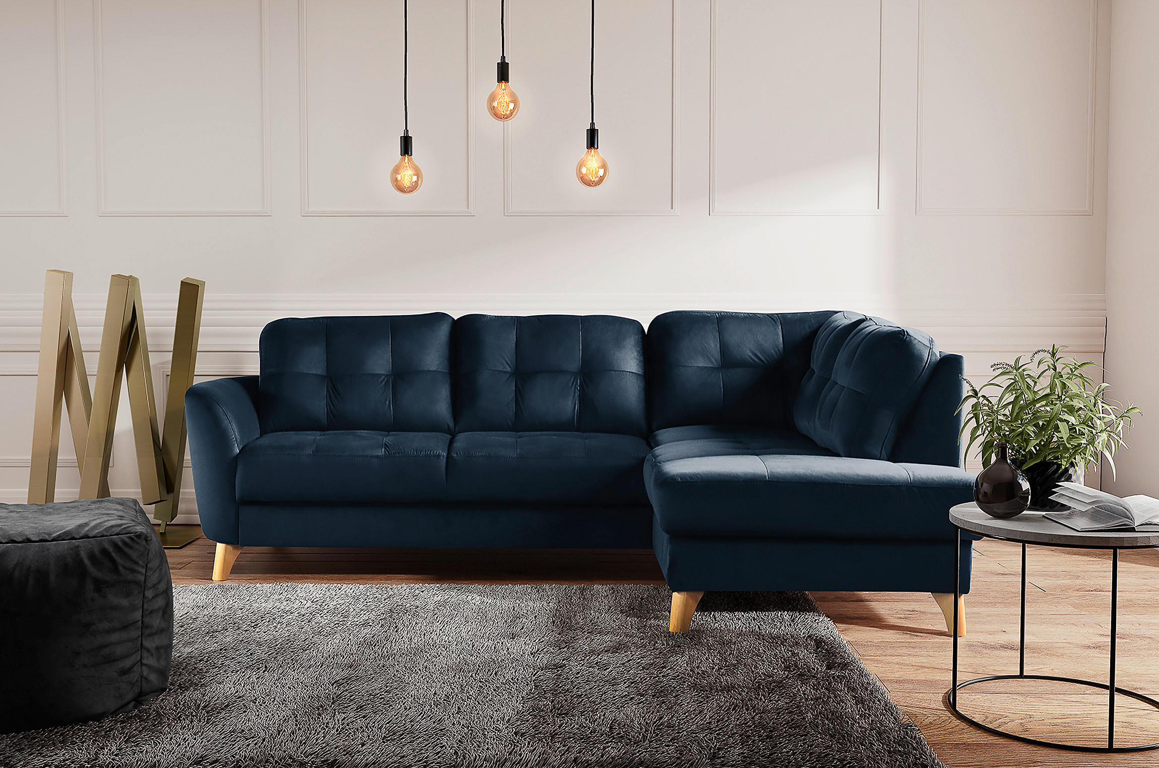 ECKSOFA Dunkelblau Samt  - Buchefarben/Dunkelblau, Design, Holz/Textil (236/190cm) - Livetastic