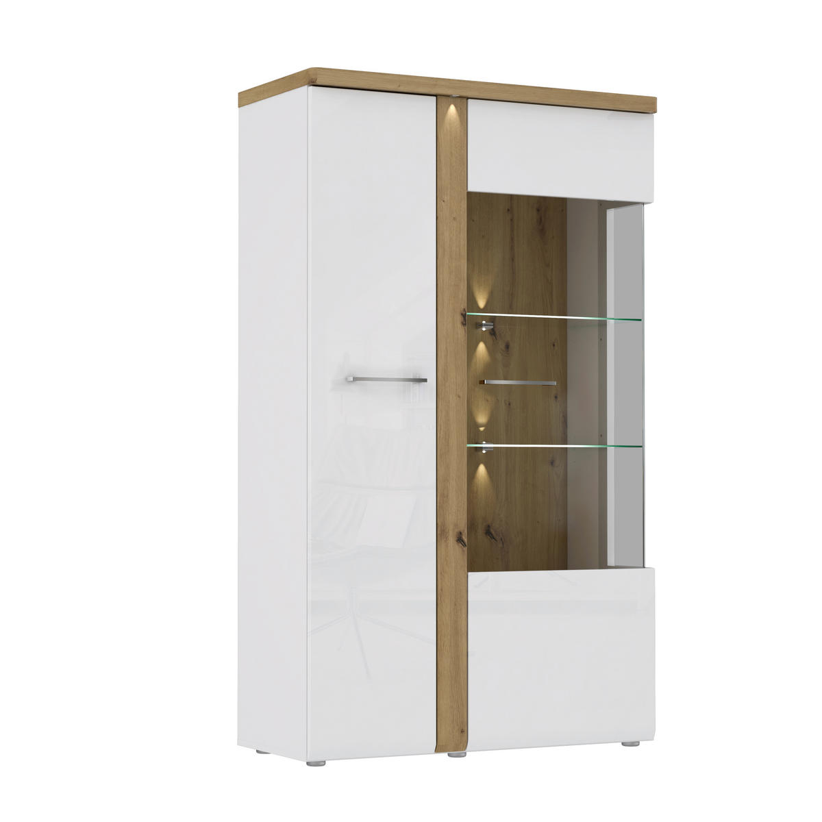 VITRINA boja hrasta, bela   - boja hroma/siva, Dizajnerski, staklo/metal (98,5/164/43,2cm) - Carryhome