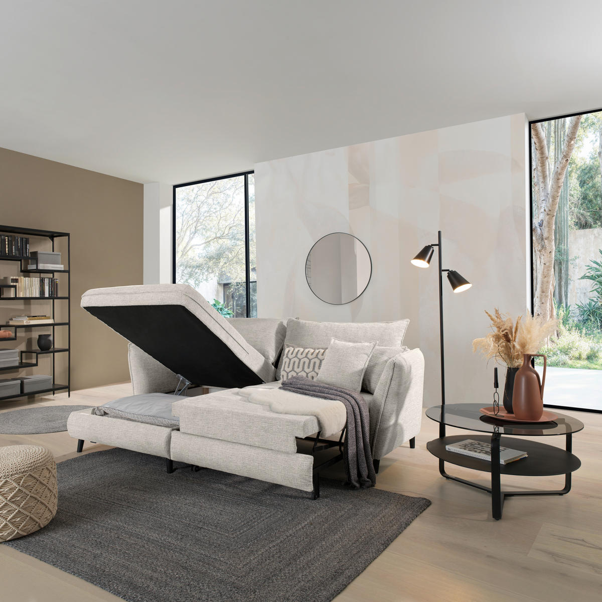 ECKSOFA inkl. Funktionen in Struktur Creme  - Creme/Schwarz, Design, Holz/Textil (245/161cm) - Stylife