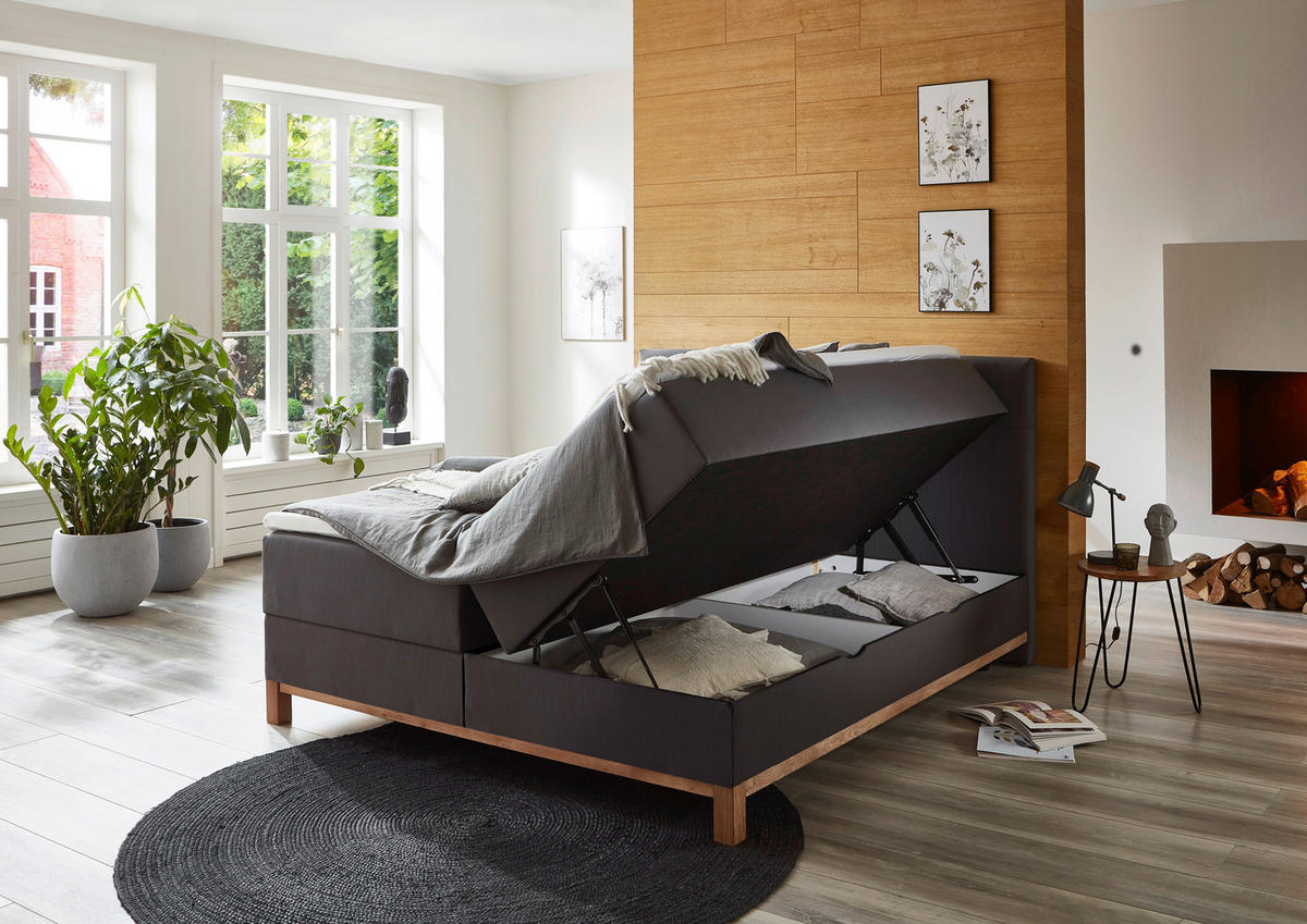 BOXBETT 180/200 cm,  in Anthrazit, Bettkasten, Topper, H3 + H3 = fest  - Eichefarben/Anthrazit, MODERN, Holz/Textil (180/200cm) - Livetastic