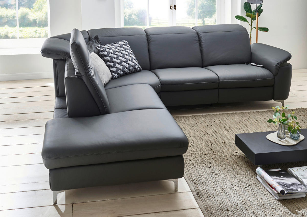 ECKSOFA Anthrazit Echtleder  - Chromfarben/Anthrazit, KONVENTIONELL, Leder/Metall (242/289cm) - Cantus