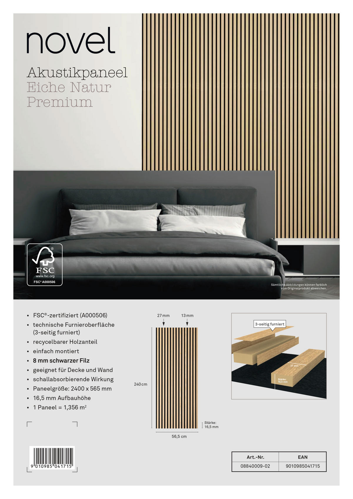 AKUSTIKPANEEL Echtholz, Nachbildung 56,5/240/1,65 cm  - Eichefarben/Beigebraun, KONVENTIONELL, Holzwerkstoff (56,5/240/1,65cm) - Novel