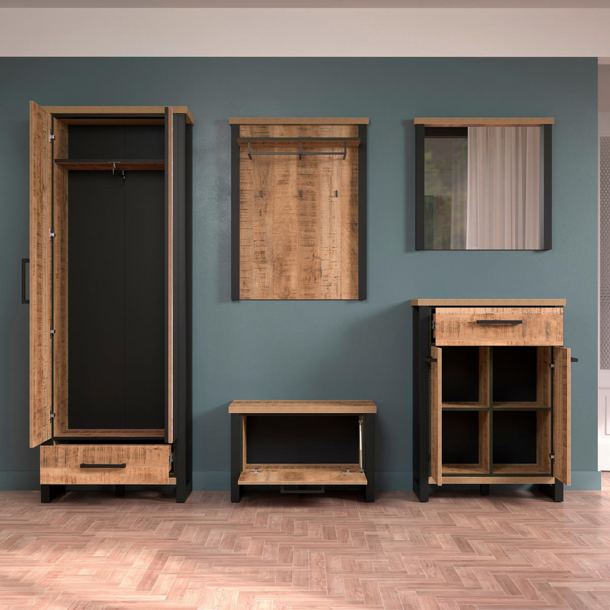 GARDEROBE 5-teilig  in 249/195/39 cm  - Schwarz/Naturfarben, Basics, Glas/Holzwerkstoff (249/195/39cm) - MID.YOU