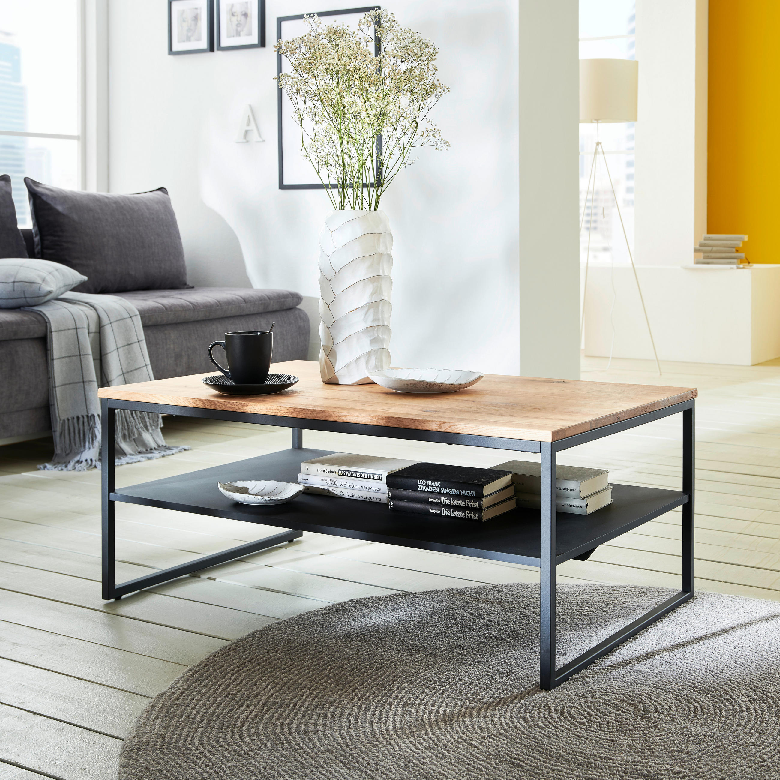 COUCHTISCH Eiche massiv rechteckig Naturfarben, Schwarz  - Schwarz/Naturfarben, MODERN, Holz/Holzwerkstoff (105/44/65cm) - Livetastic