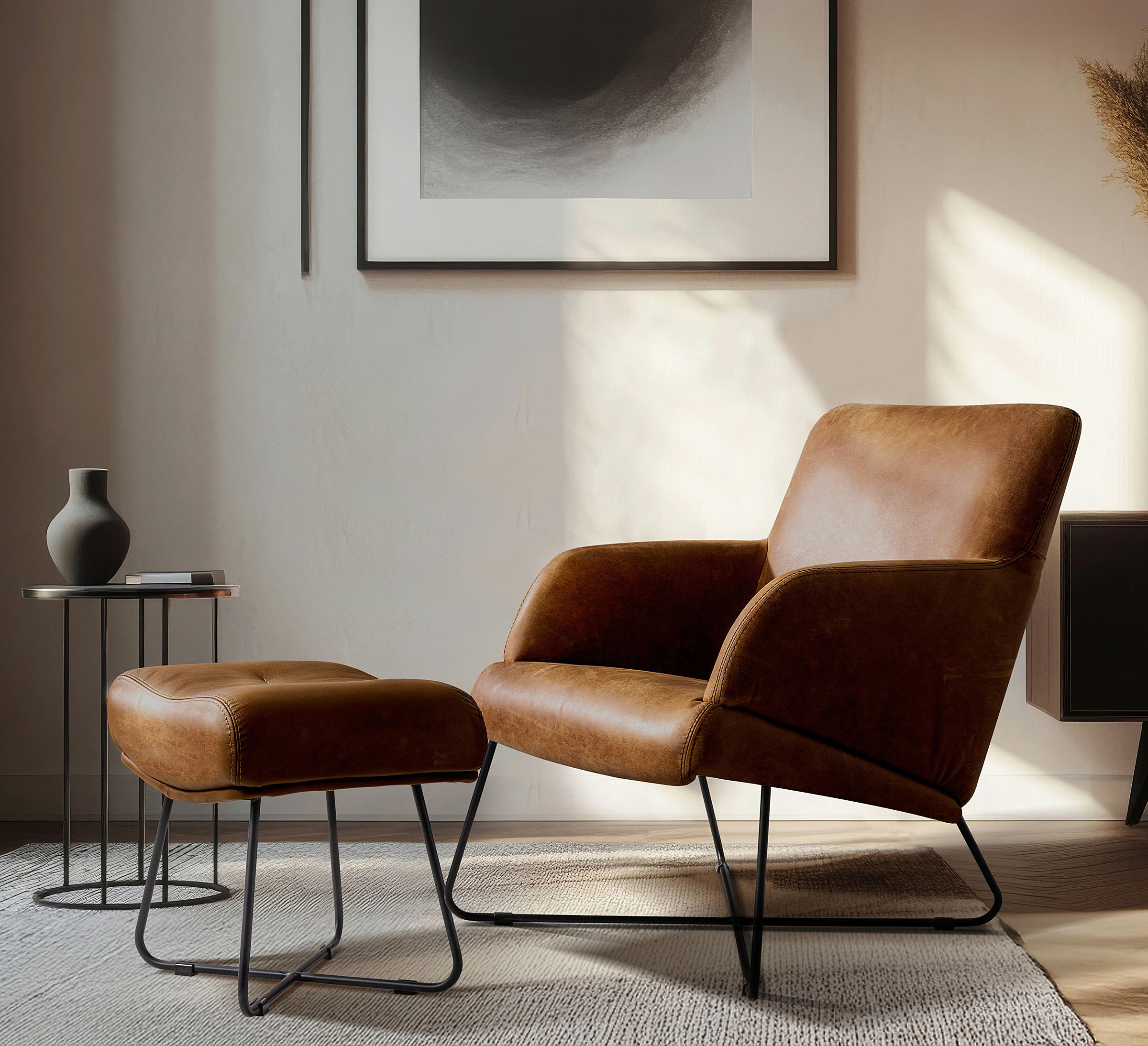 SESSELSET in Echtleder Cognac  - Cognac/Schwarz, Design, Leder/Metall (67/87/74cm) - Livetastic