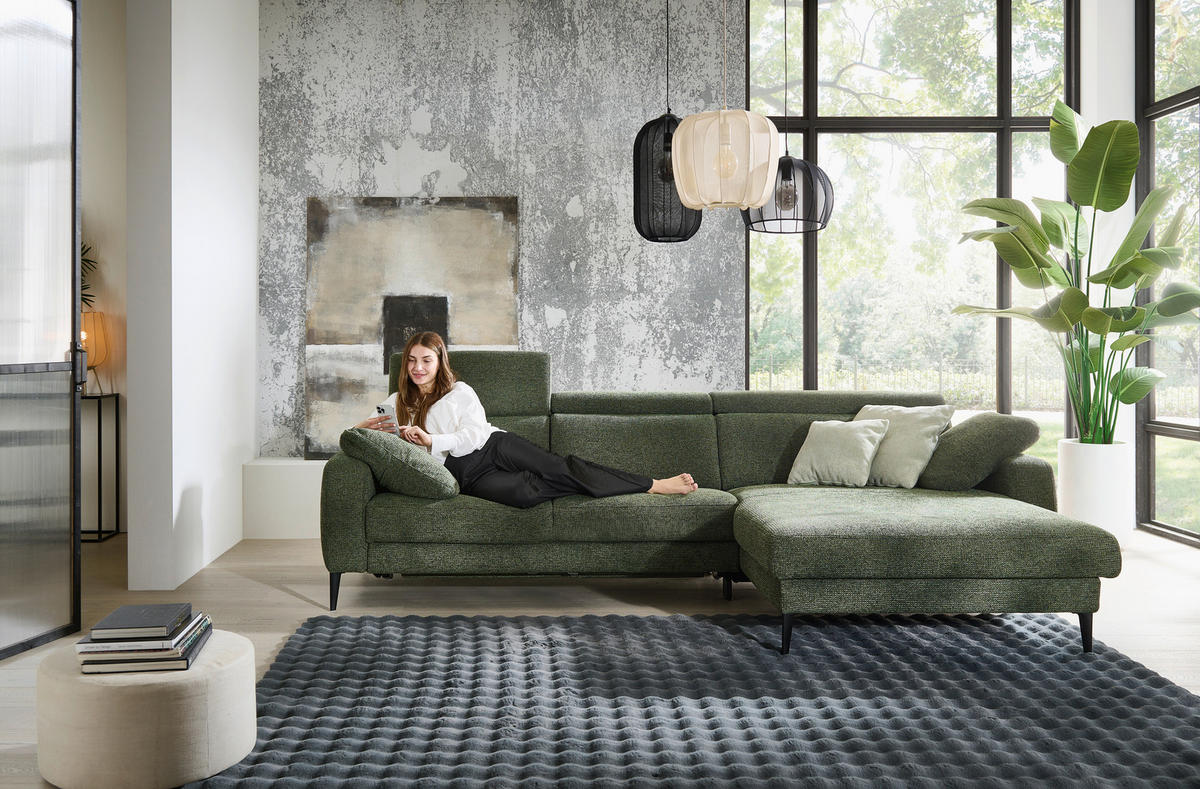 ECKSOFA Grün Chenille  - Schwarz/Grün, KONVENTIONELL, Textil/Metall (300/177cm) - Valdera