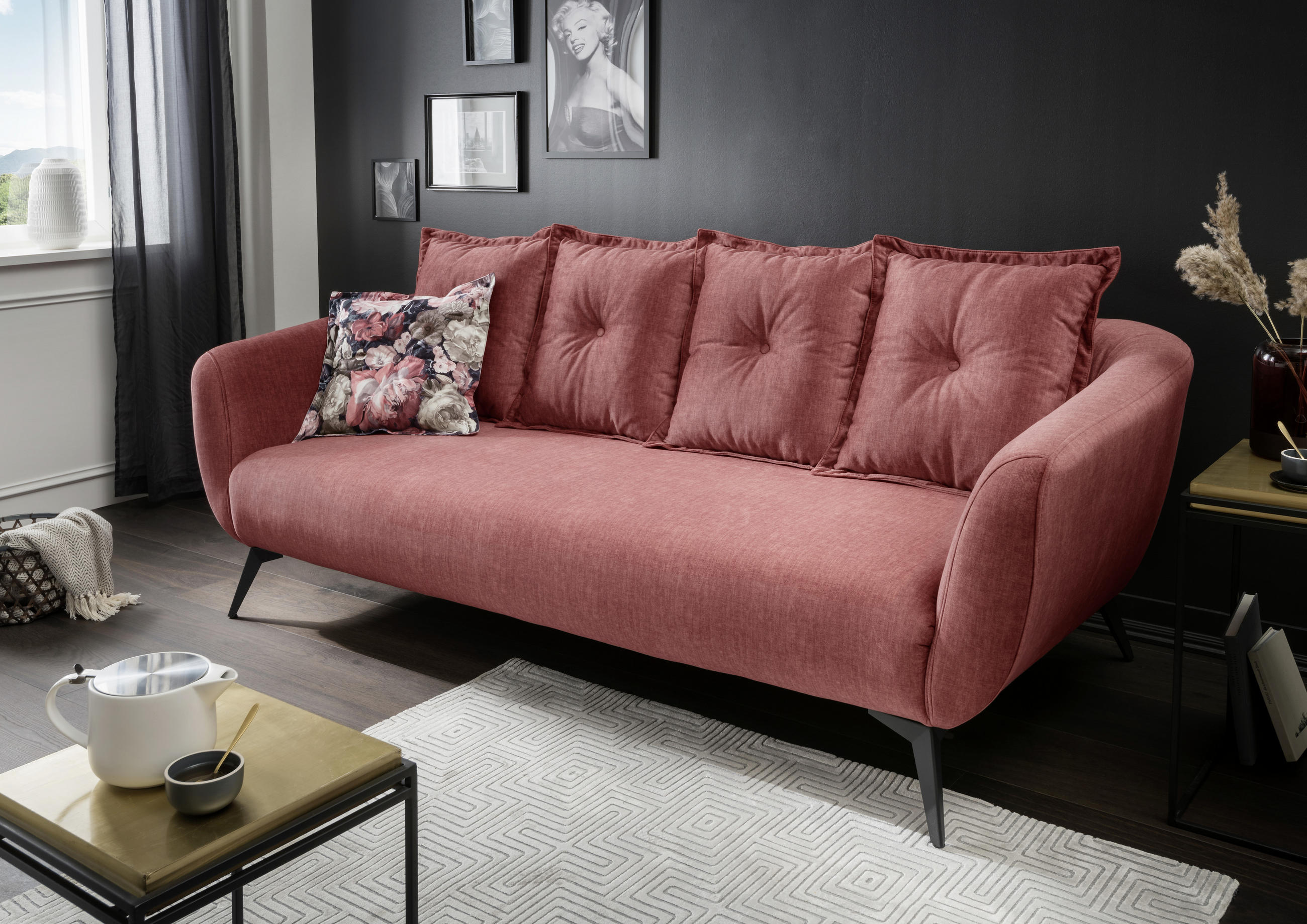 DREISITZER-SOFA Velours Koralle  - Koralle/Multicolor, MODERN, Holz/Textil (236/94/103cm) - Livetastic